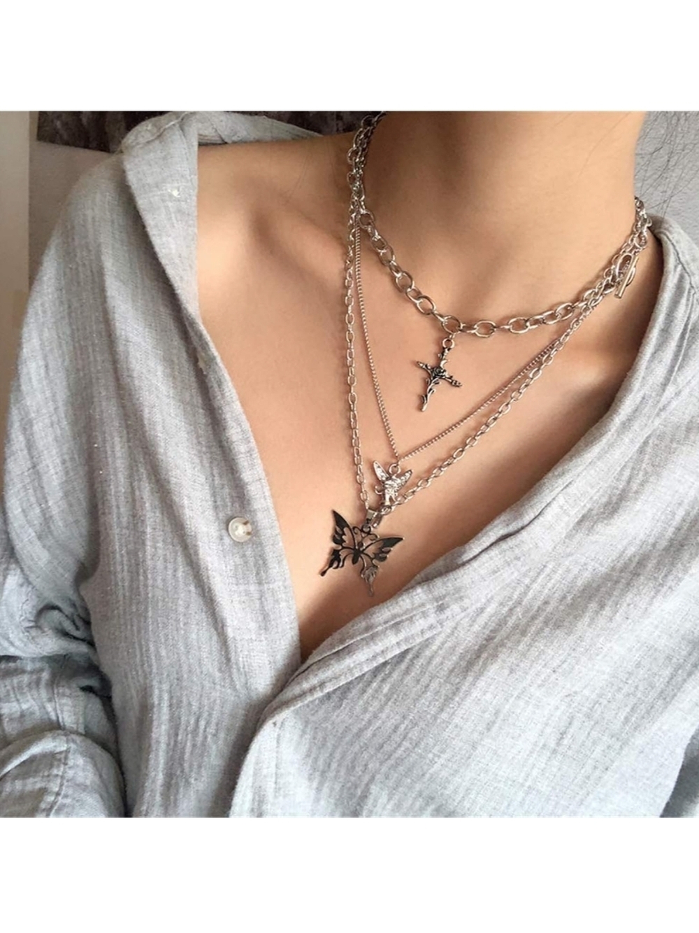 Silver Butterfly Layered Necklace Set